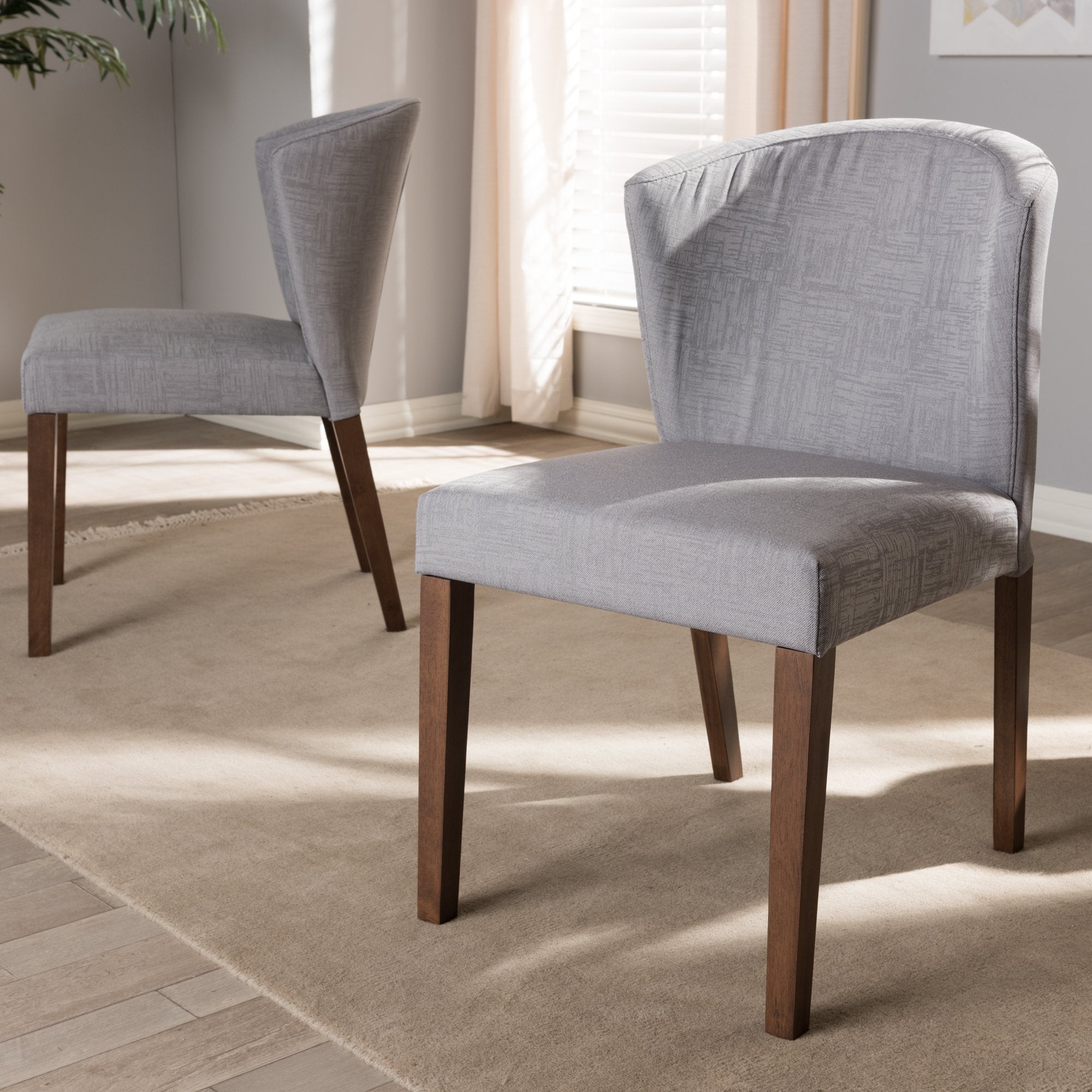 Baxton Studio Cassie Mid-Century Modern Walnut Wood Light Grey Fabric Dining Chair (Set of 2)