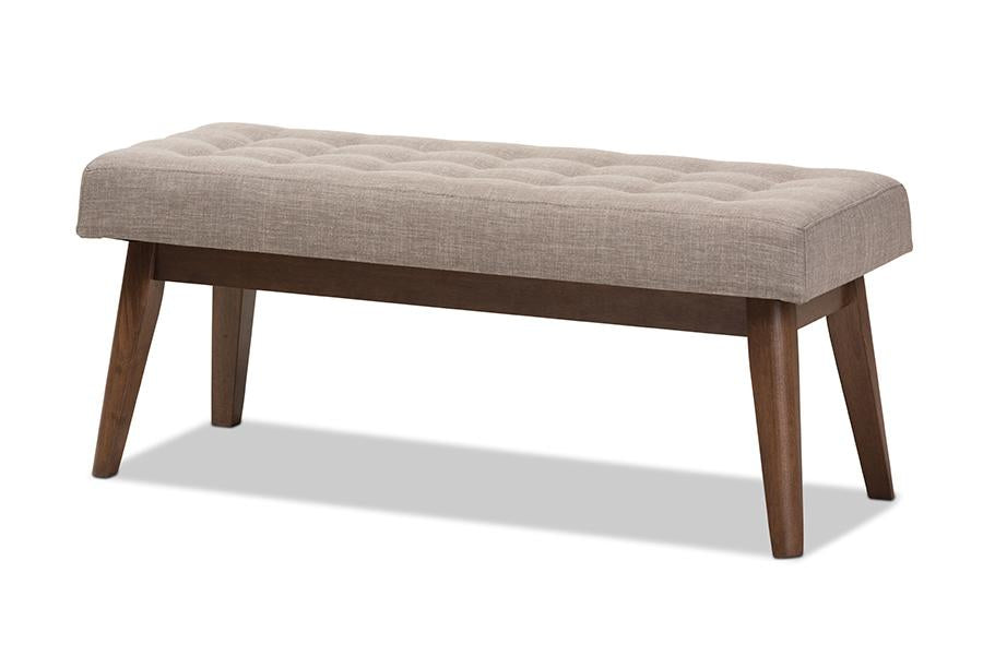 Baxton Studio Elia Mid-Century Modern Walnut Wood Light Grey Fabric Button-Tufted Bench