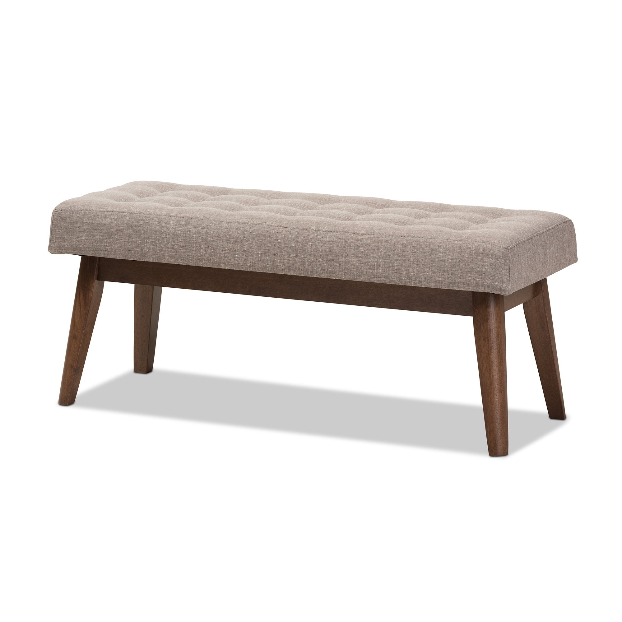 Baxton Studio Elia Mid-Century Modern Walnut Wood Light Grey Fabric Button-Tufted Bench