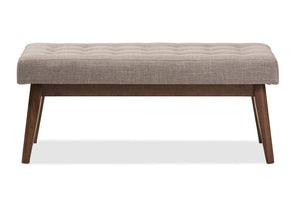 Baxton Studio Elia Mid-Century Modern Walnut Wood Light Grey Fabric Button-Tufted Bench