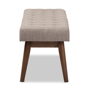 Baxton Studio Elia Mid-Century Modern Walnut Wood Light Grey Fabric Button-Tufted Bench