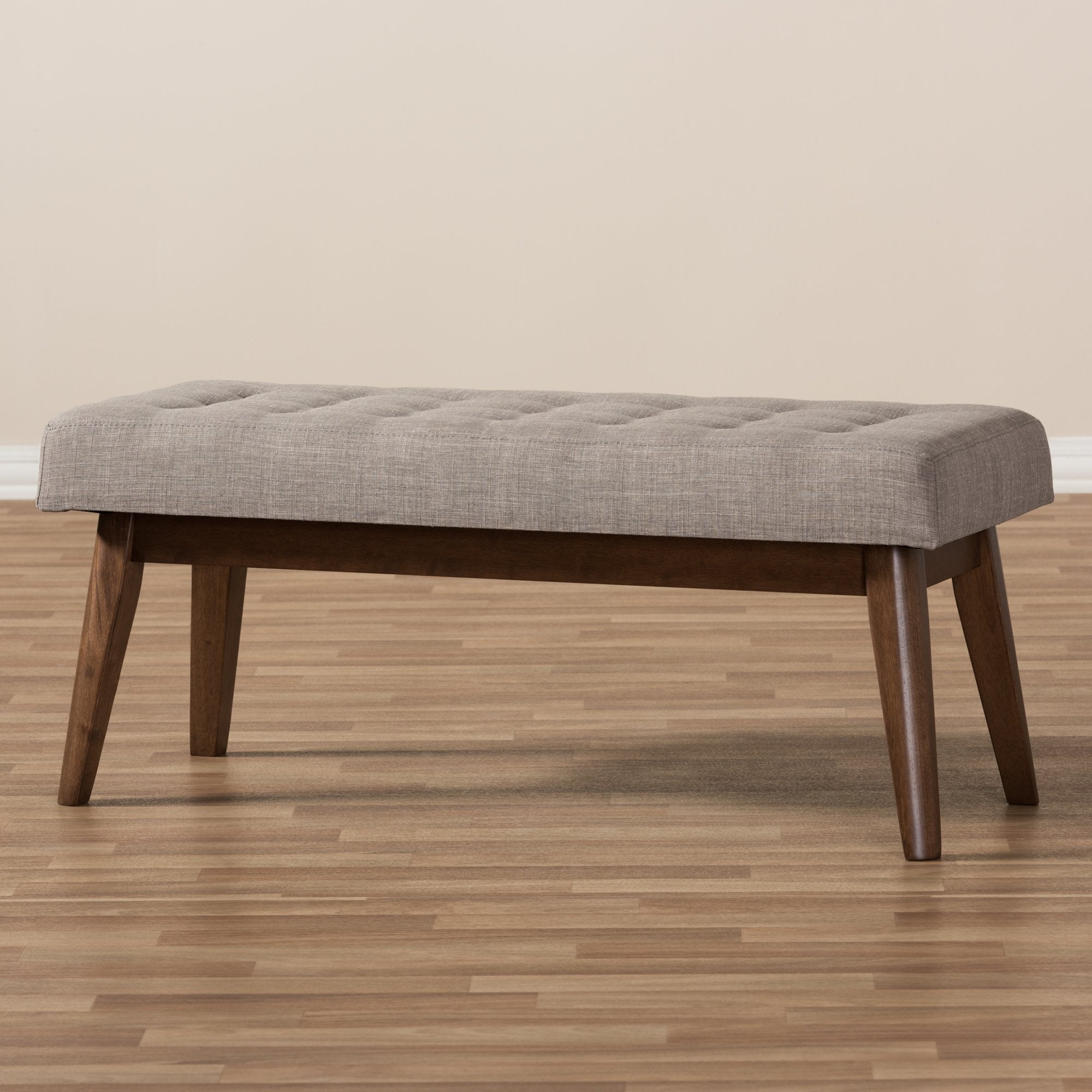 Baxton Studio Elia Mid-Century Modern Walnut Wood Light Grey Fabric Button-Tufted Bench