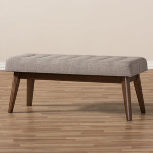 Baxton Studio Elia Mid-Century Modern Walnut Wood Light Grey Fabric Button-Tufted Bench