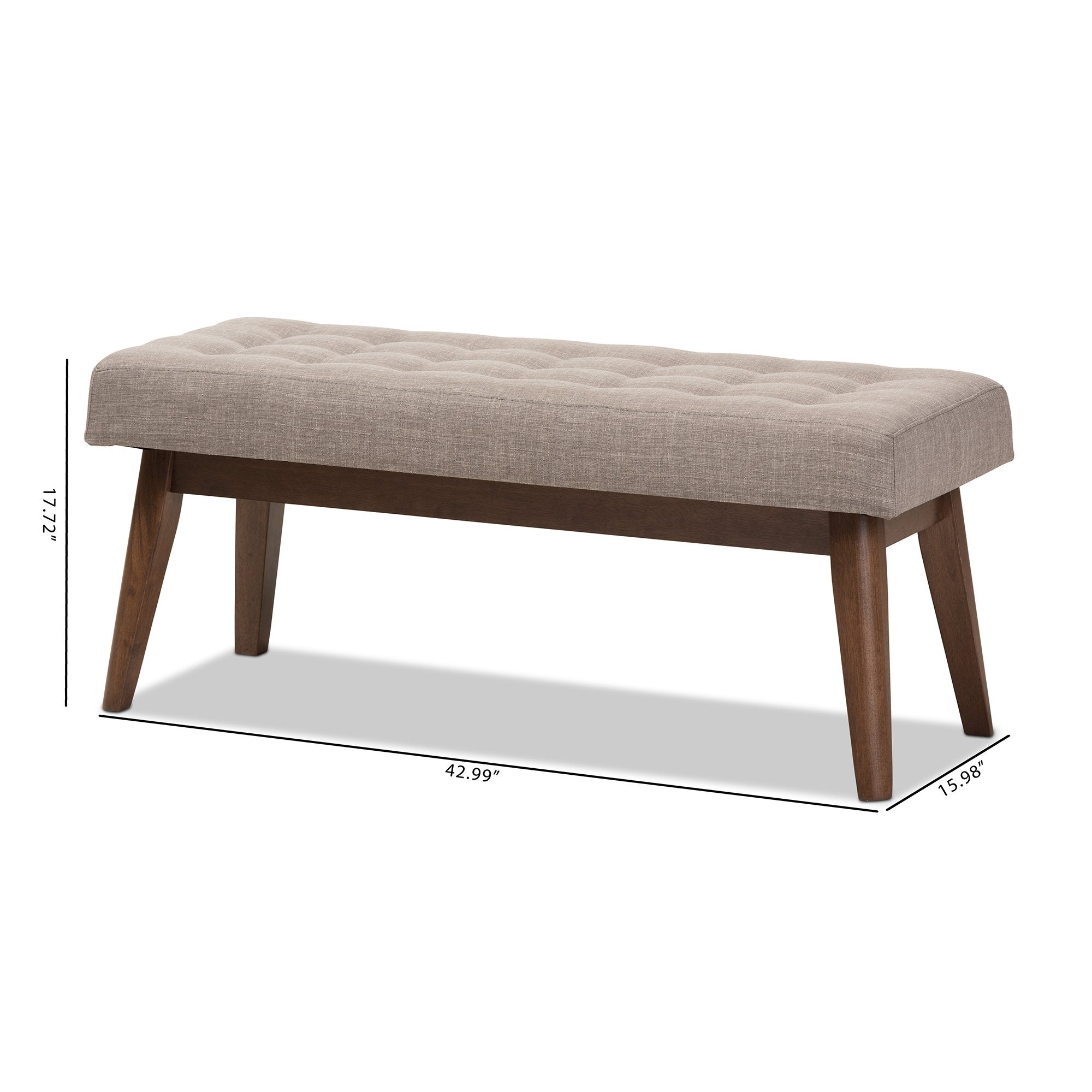 Baxton Studio Elia Mid-Century Modern Walnut Wood Light Grey Fabric Button-Tufted Bench