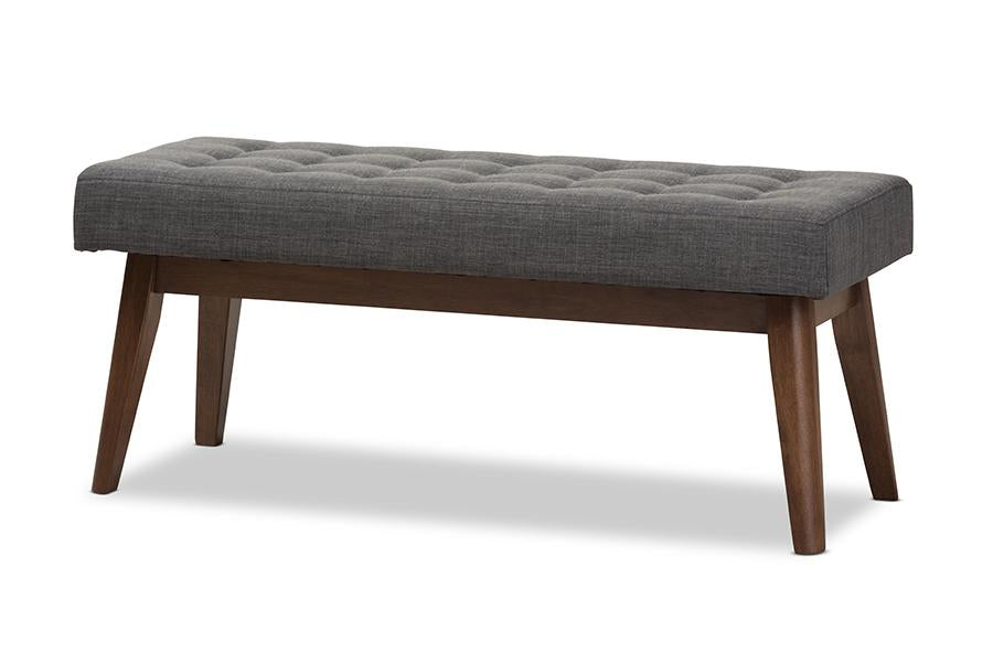 Baxton Studio Elia Mid-Century Modern Walnut Wood Dark Grey Fabric Button-Tufted Bench