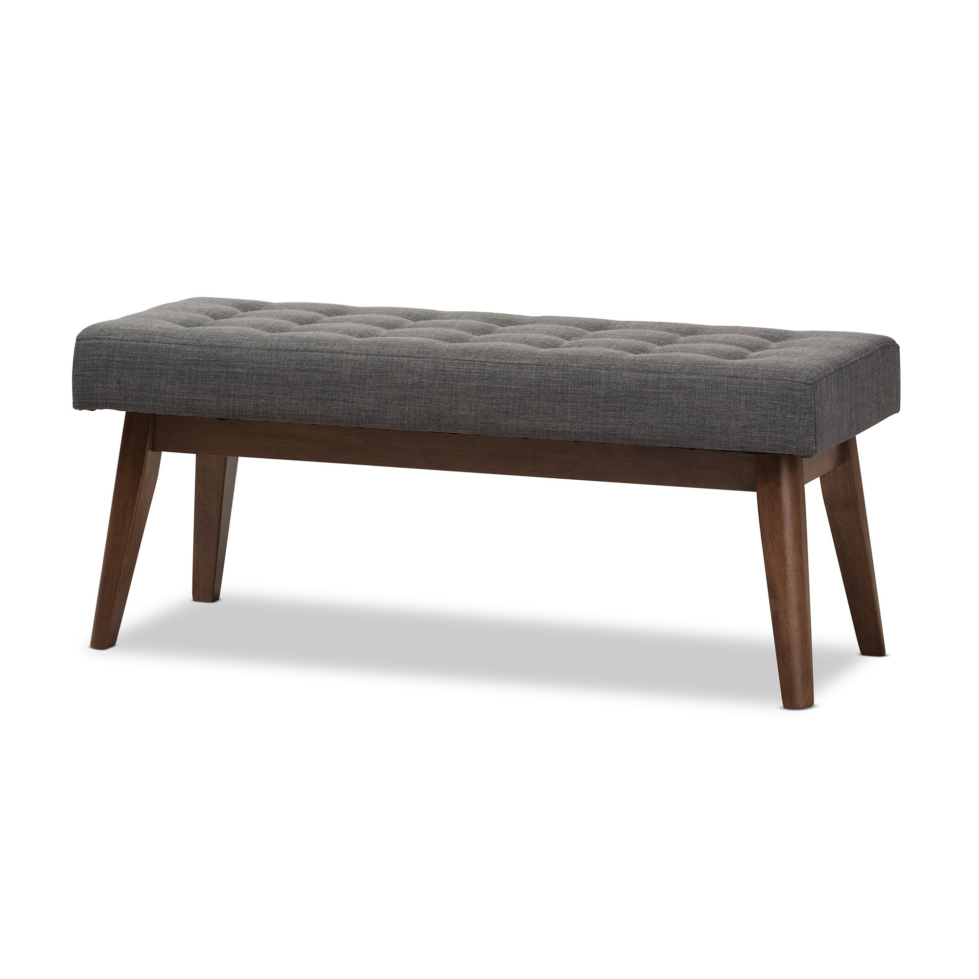 Baxton Studio Elia Mid-Century Modern Walnut Wood Dark Grey Fabric Button-Tufted Bench