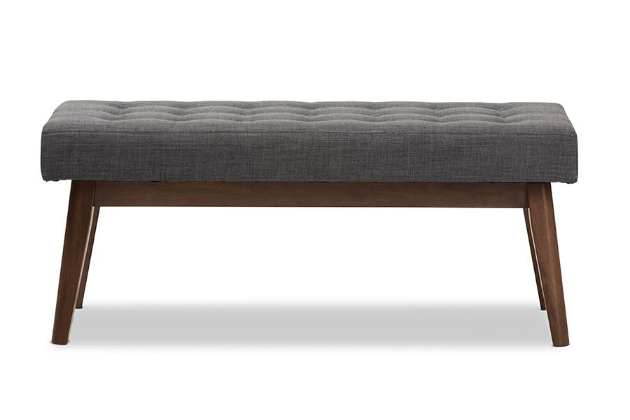 Baxton Studio Elia Mid-Century Modern Walnut Wood Dark Grey Fabric Button-Tufted Bench