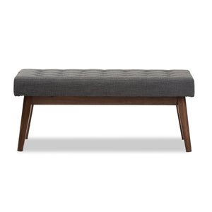 Baxton Studio Elia Mid-Century Modern Walnut Wood Dark Grey Fabric Button-Tufted Bench