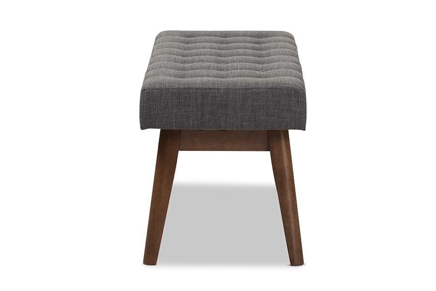 Baxton Studio Elia Mid-Century Modern Walnut Wood Dark Grey Fabric Button-Tufted Bench