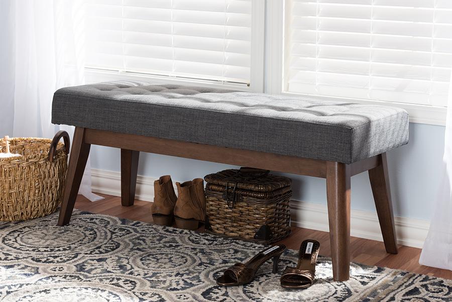 Baxton Studio Elia Mid-Century Modern Walnut Wood Dark Grey Fabric Button-Tufted Bench