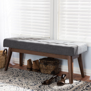 Baxton Studio Elia Mid-Century Modern Walnut Wood Dark Grey Fabric Button-Tufted Bench