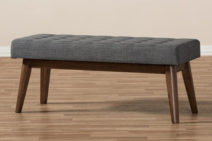 Baxton Studio Elia Mid-Century Modern Walnut Wood Dark Grey Fabric Button-Tufted Bench