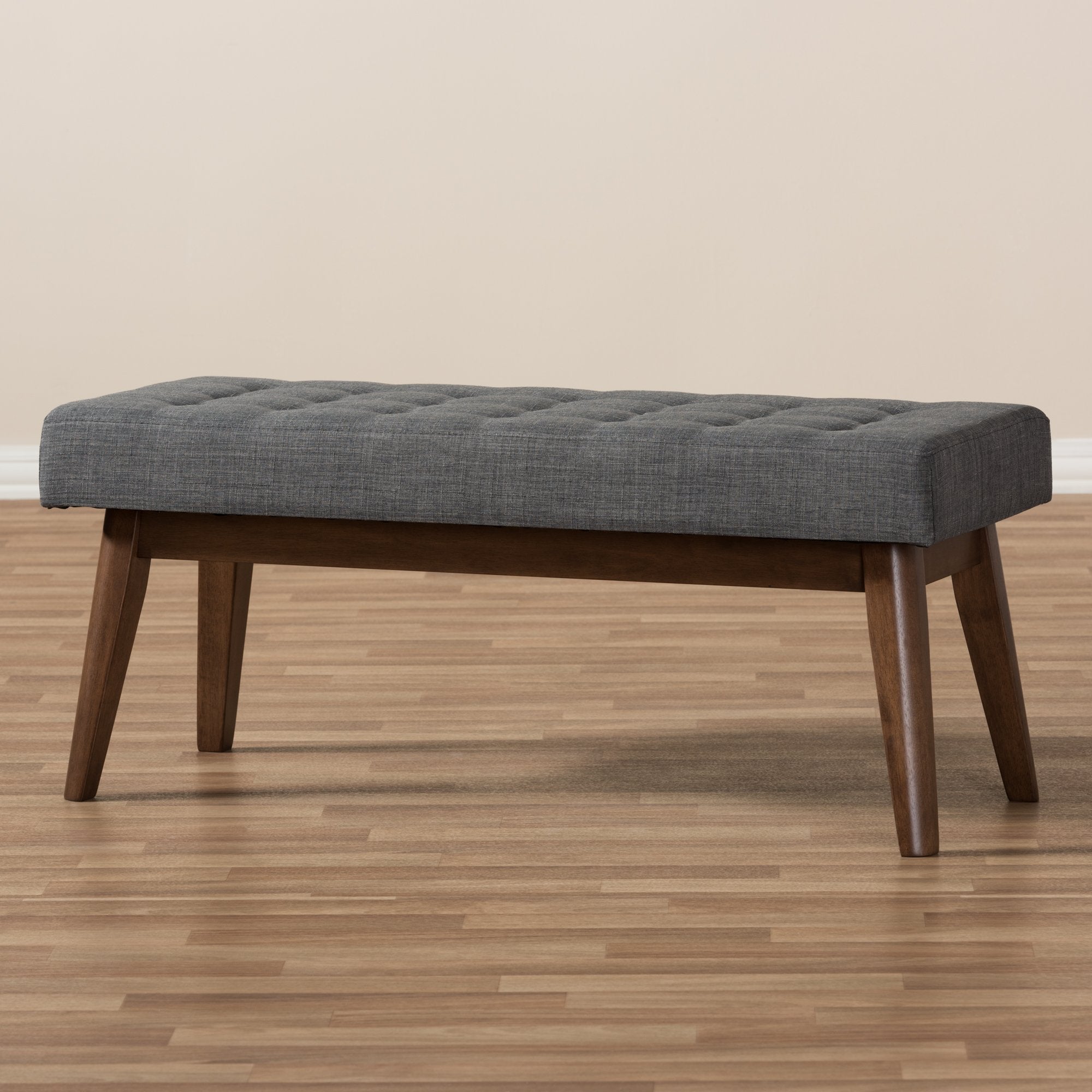 Baxton Studio Elia Mid-Century Modern Walnut Wood Dark Grey Fabric Button-Tufted Bench