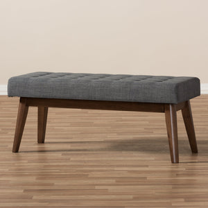 Baxton Studio Elia Mid-Century Modern Walnut Wood Dark Grey Fabric Button-Tufted Bench