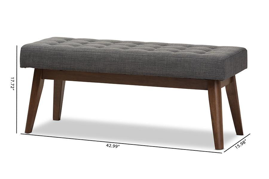 Baxton Studio Elia Mid-Century Modern Walnut Wood Dark Grey Fabric Button-Tufted Bench