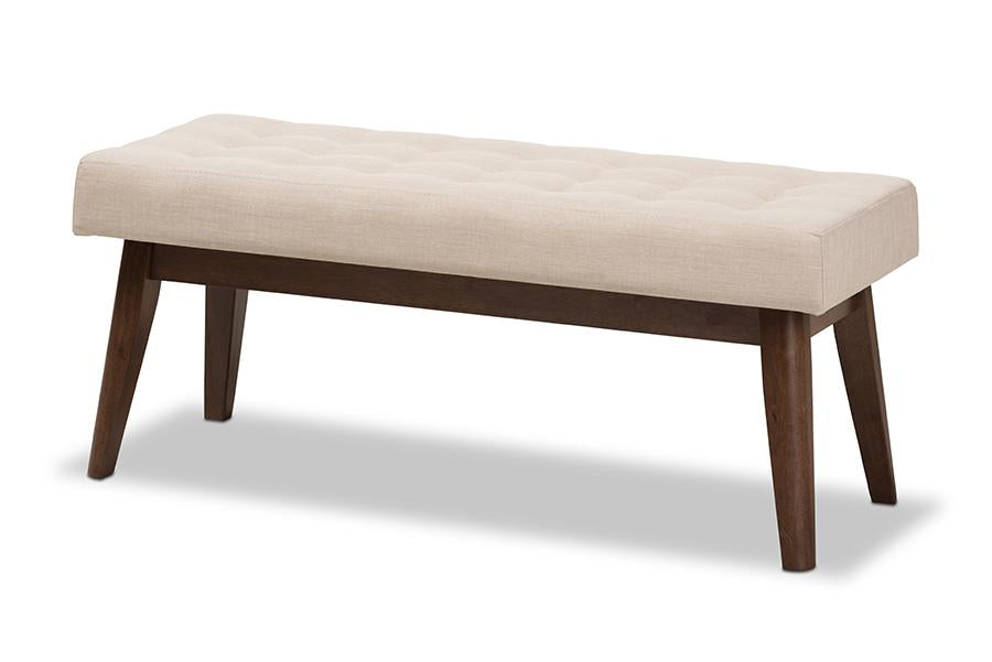 Baxton Studio Elia Mid-Century Modern Walnut Wood Light Beige Fabric Button-Tufted Bench