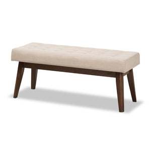 Baxton Studio Elia Mid-Century Modern Walnut Wood Light Beige Fabric Button-Tufted Bench