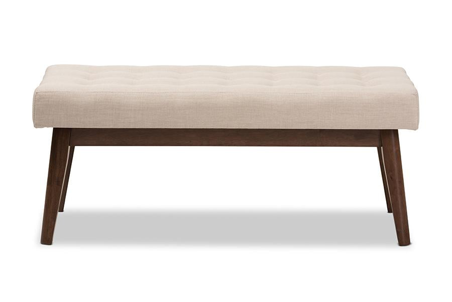 Baxton Studio Elia Mid-Century Modern Walnut Wood Light Beige Fabric Button-Tufted Bench