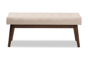 Baxton Studio Elia Mid-Century Modern Walnut Wood Light Beige Fabric Button-Tufted Bench