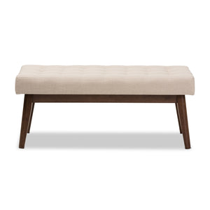 Baxton Studio Elia Mid-Century Modern Walnut Wood Light Beige Fabric Button-Tufted Bench