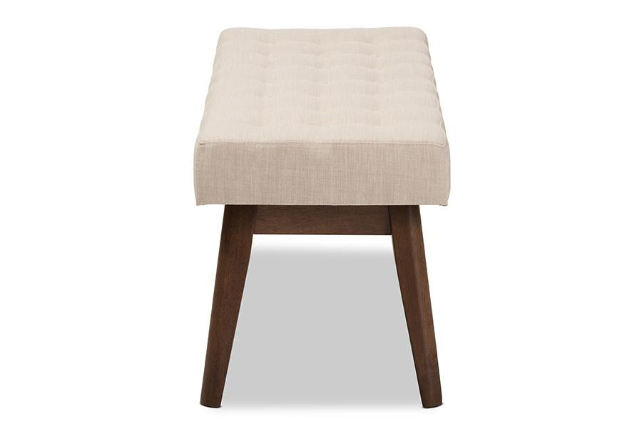 Baxton Studio Elia Mid-Century Modern Walnut Wood Light Beige Fabric Button-Tufted Bench