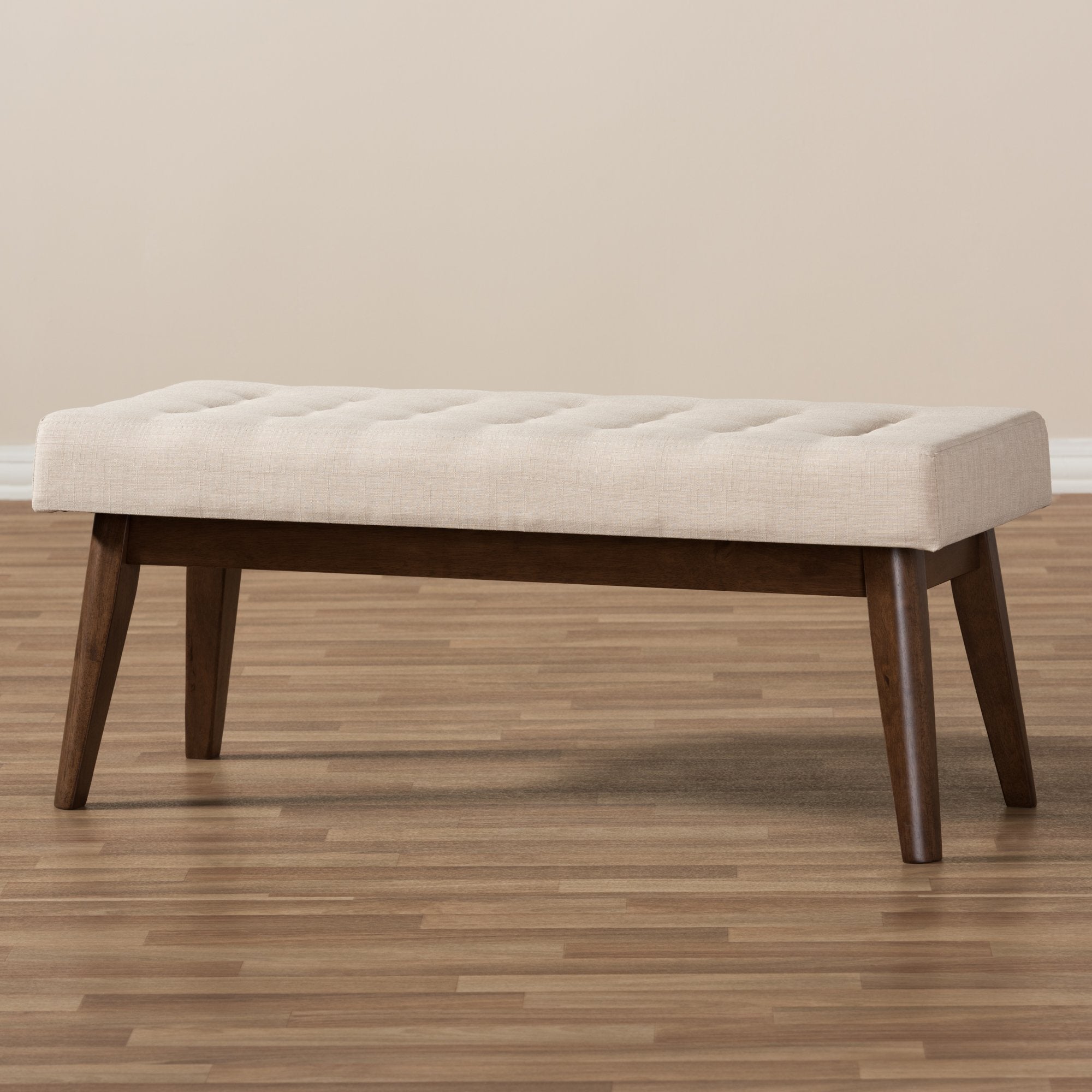 Baxton Studio Elia Mid-Century Modern Walnut Wood Light Beige Fabric Button-Tufted Bench