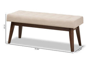 Baxton Studio Elia Mid-Century Modern Walnut Wood Light Beige Fabric Button-Tufted Bench