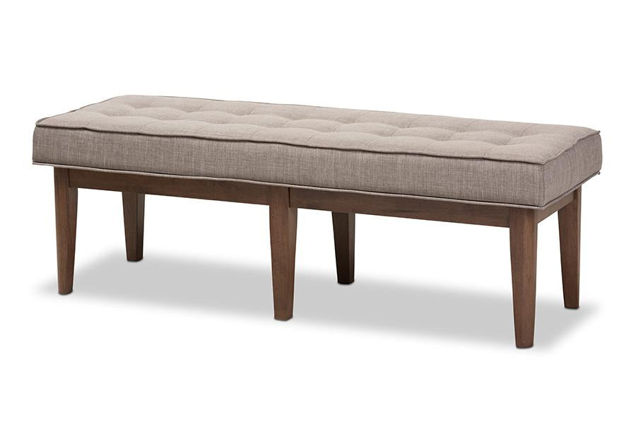 Baxton Studio Lucca Mid-Century Modern Walnut Wood Light Grey Fabric Button-Tufted Bench