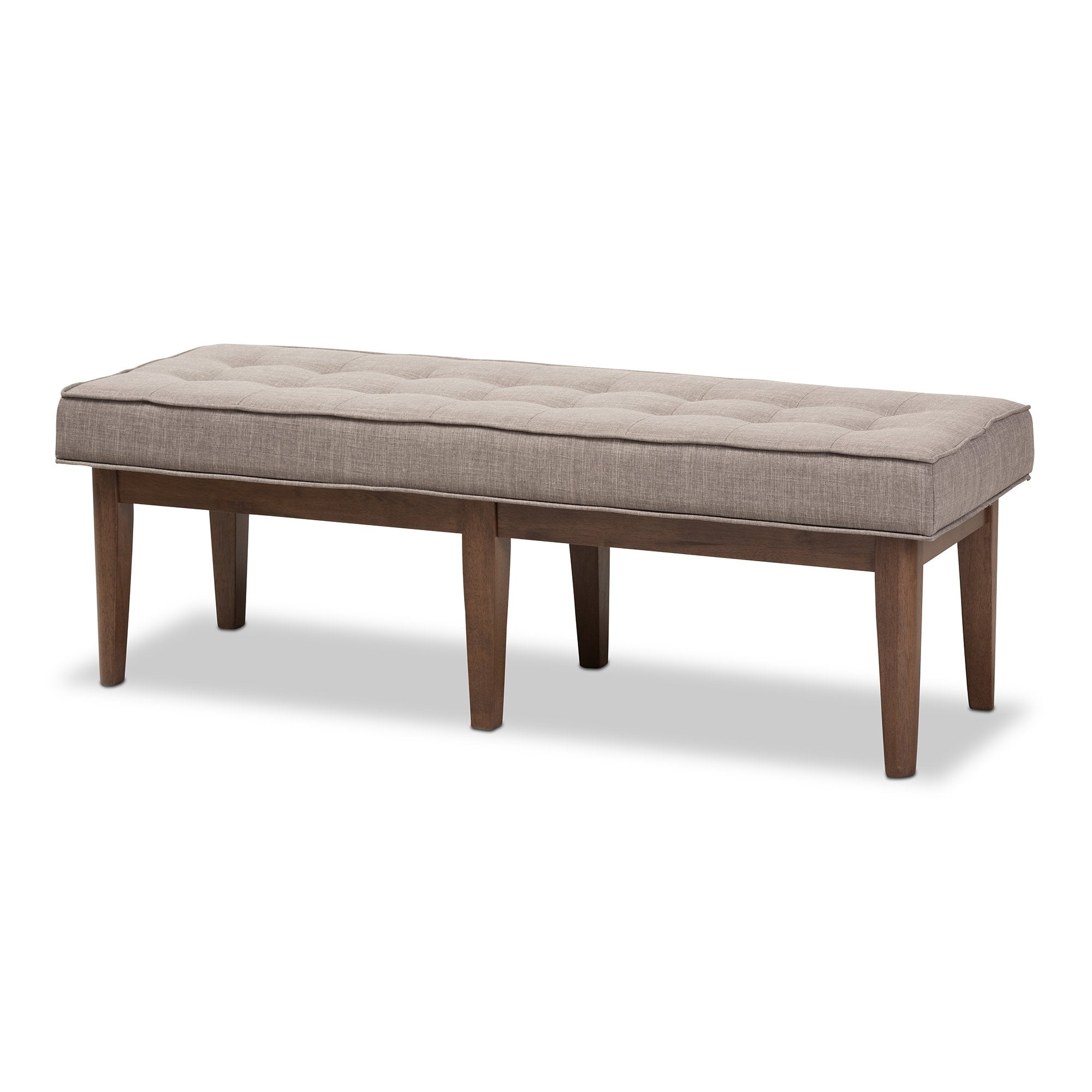 Baxton Studio Lucca Mid-Century Modern Walnut Wood Light Grey Fabric Button-Tufted Bench