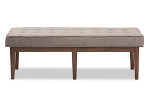 Baxton Studio Lucca Mid-Century Modern Walnut Wood Light Grey Fabric Button-Tufted Bench