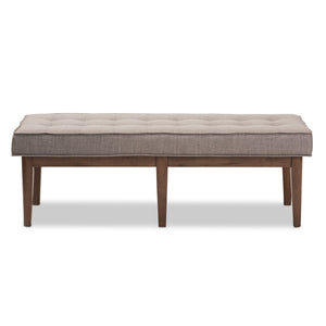 Baxton Studio Lucca Mid-Century Modern Walnut Wood Light Grey Fabric Button-Tufted Bench