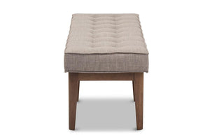 Baxton Studio Lucca Mid-Century Modern Walnut Wood Light Grey Fabric Button-Tufted Bench