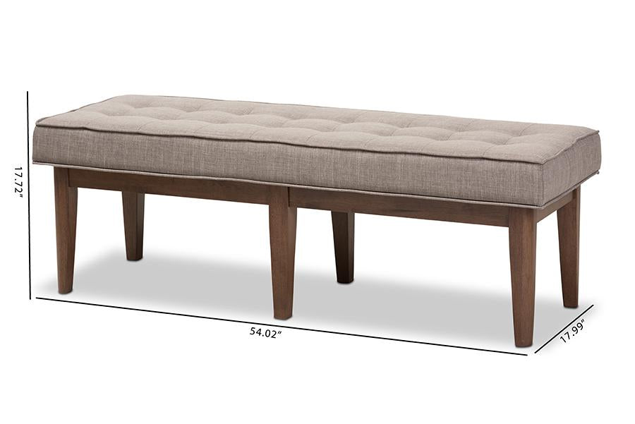 Baxton Studio Lucca Mid-Century Modern Walnut Wood Light Grey Fabric Button-Tufted Bench