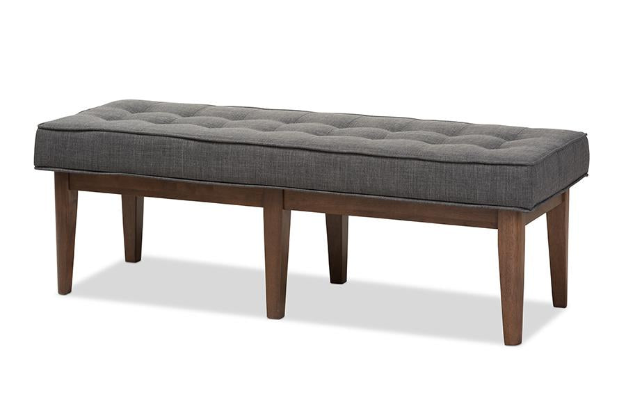 Baxton Studio Lucca Mid-Century Modern Walnut Wood Dark Grey Fabric Button-Tufted Bench