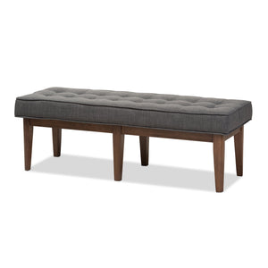 Baxton Studio Lucca Mid-Century Modern Walnut Wood Dark Grey Fabric Button-Tufted Bench