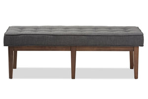 Baxton Studio Lucca Mid-Century Modern Walnut Wood Dark Grey Fabric Button-Tufted Bench