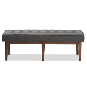 Baxton Studio Lucca Mid-Century Modern Walnut Wood Dark Grey Fabric Button-Tufted Bench