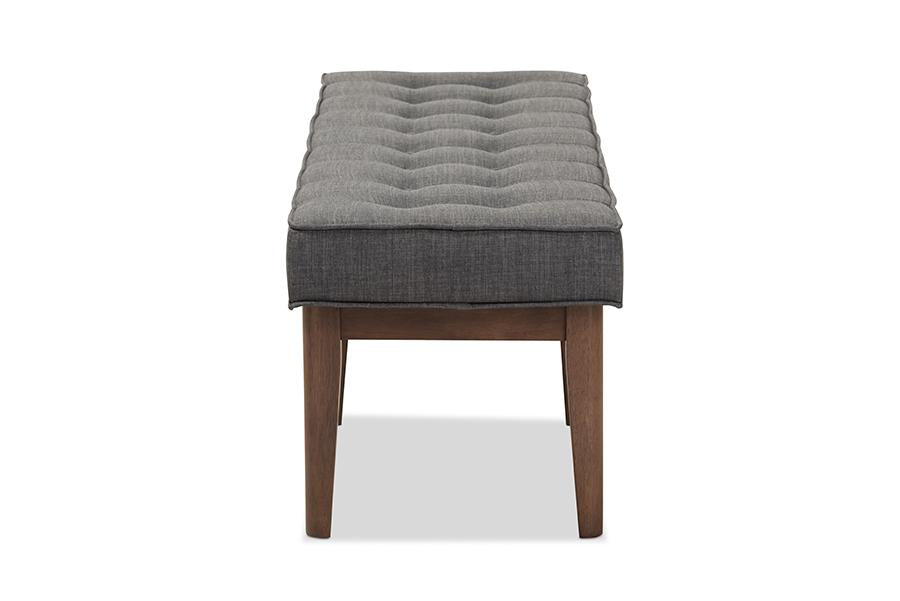 Baxton Studio Lucca Mid-Century Modern Walnut Wood Dark Grey Fabric Button-Tufted Bench