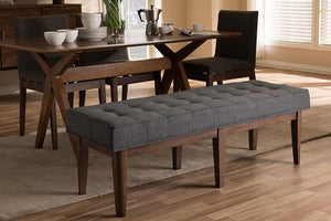 Baxton Studio Lucca Mid-Century Modern Walnut Wood Dark Grey Fabric Button-Tufted Bench