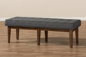 Baxton Studio Lucca Mid-Century Modern Walnut Wood Dark Grey Fabric Button-Tufted Bench