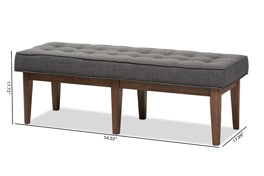 Baxton Studio Lucca Mid-Century Modern Walnut Wood Dark Grey Fabric Button-Tufted Bench