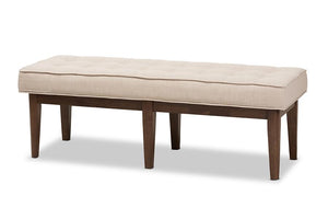 Baxton Studio Lucca Mid-Century Modern Walnut Wood Light Beige Fabric Button-Tufted Bench