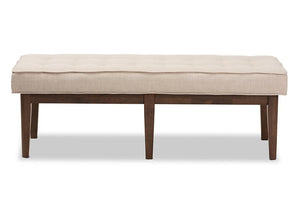 Baxton Studio Lucca Mid-Century Modern Walnut Wood Light Beige Fabric Button-Tufted Bench