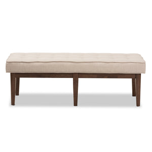 Baxton Studio Lucca Mid-Century Modern Walnut Wood Light Beige Fabric Button-Tufted Bench