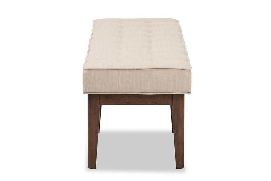 Baxton Studio Lucca Mid-Century Modern Walnut Wood Light Beige Fabric Button-Tufted Bench