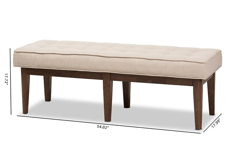 Baxton Studio Lucca Mid-Century Modern Walnut Wood Light Beige Fabric Button-Tufted Bench