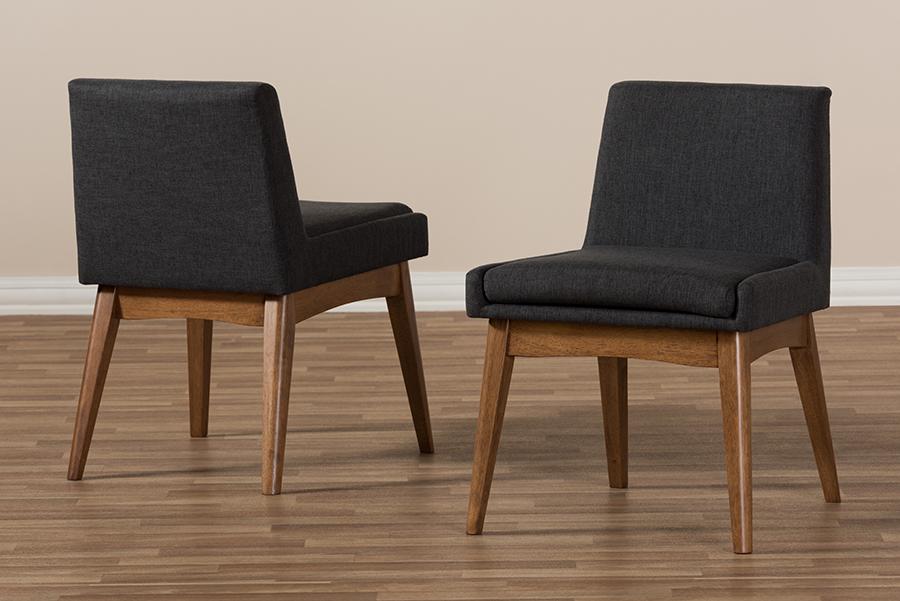 Baxton Studio Nexus Mid-Century Modern Walnut Wood Finishing Dark Fabric Dining Side Chair (Set of 2)