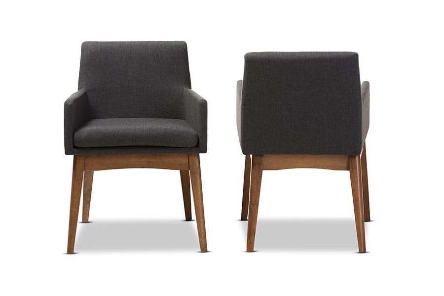 Baxton Studio Nexus Mid-Century Modern Walnut Wood Finishing Dark Grey Fabric Dining Armchair (Set of 2)