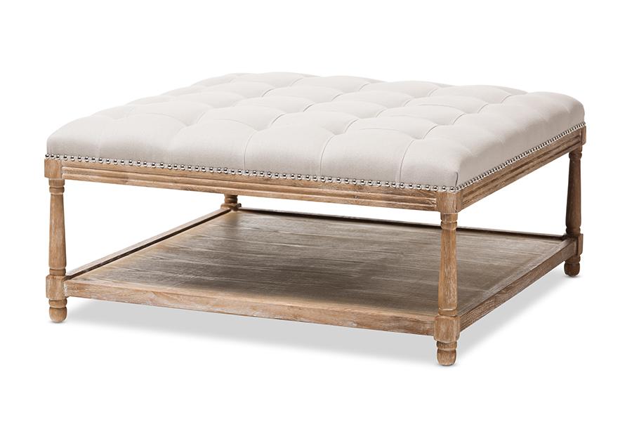 Baxton Studio Carlotta French Country Weathered Oak Beige Linen Square Coffee Table Ottoman