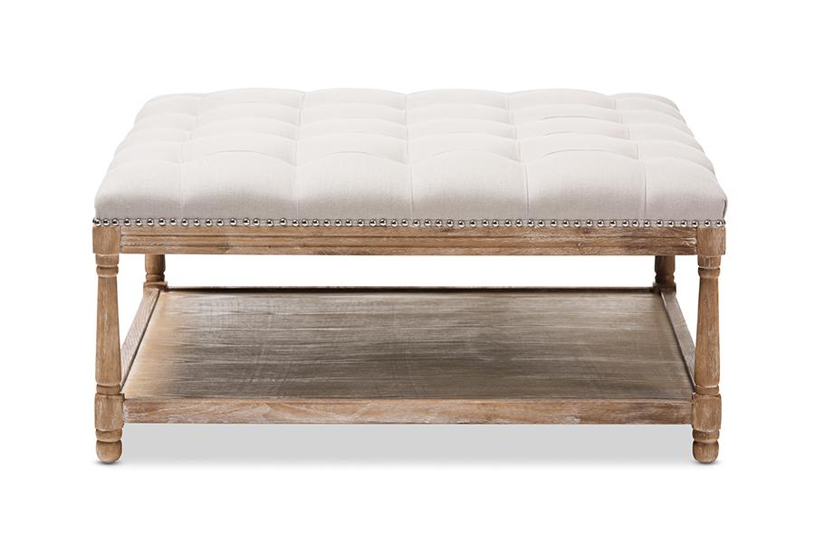 Baxton Studio Carlotta French Country Weathered Oak Beige Linen Square Coffee Table Ottoman